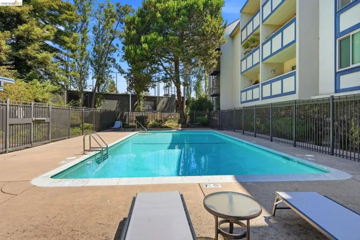 Swimming pool featuring an integrated ladder, surrounding concrete decking, and perimeter fencing