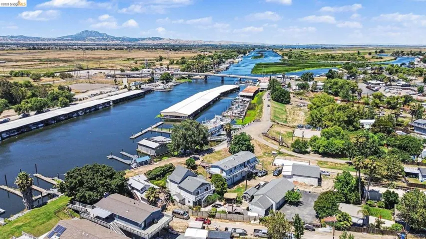 Aerial perspective showcasing a waterfront community
