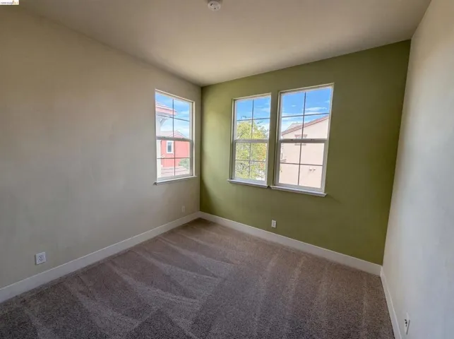 Carpeted interior space featuring a light olive accent wall and two white-framed windows