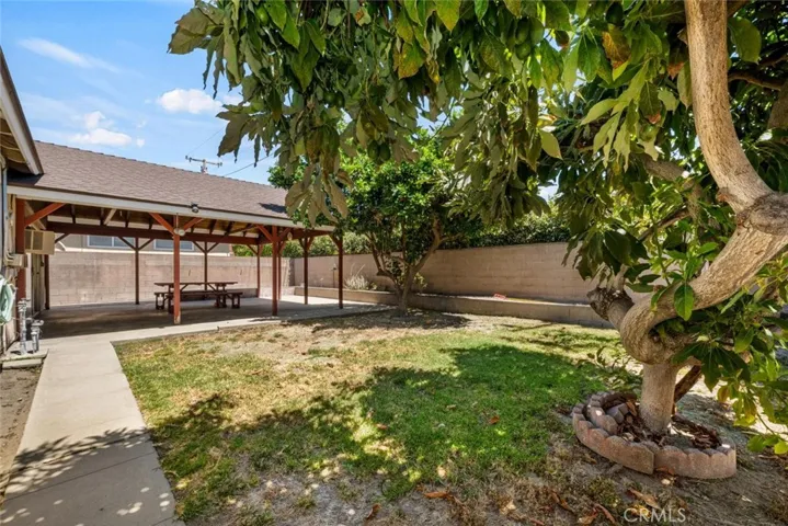 The backyard also offers Mature avocado and orange trees.
