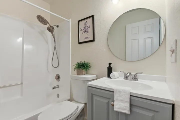 New vanity, mirror, toilet and fixtures.