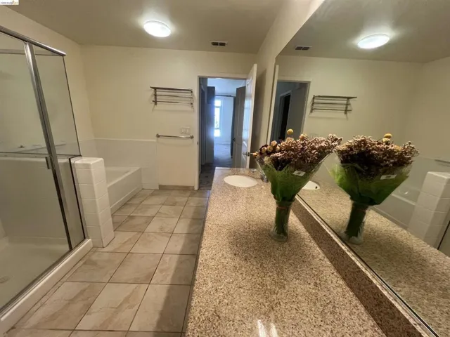 Spacious bathroom with a walk-in shower featuring a glass enclosure, a separate bathtub, and an extended vanity with an integrated sink and large mirror