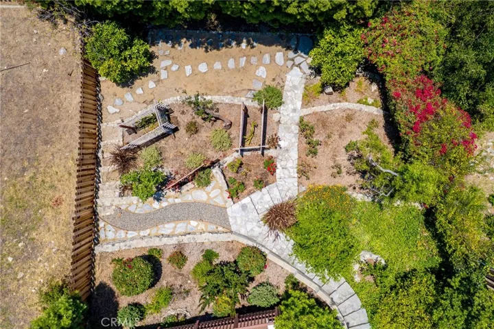 Overhead view of the terraced lower yard.