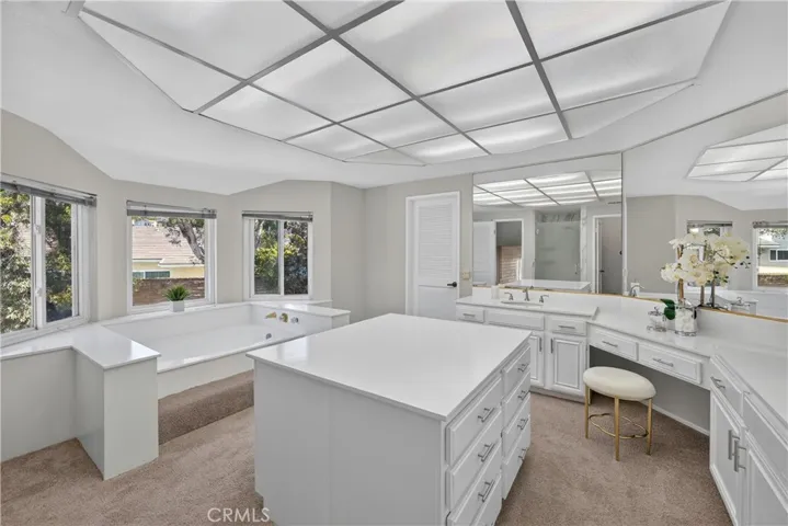 Primary bathroom includes a walk-in shower, dual sinks, dedicated vanity space, and a spacious walk-in closet, creating a comfortable private retreat