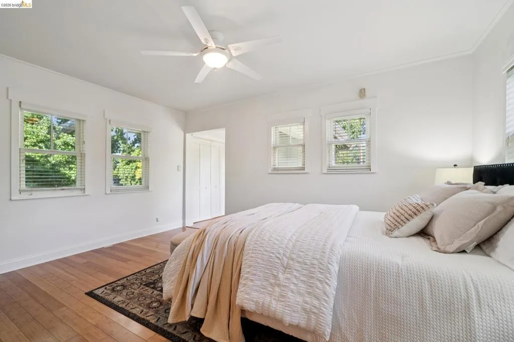 Bright room featuring two windows with blinds, a ceiling fan, wood-finish flooring, and white walls