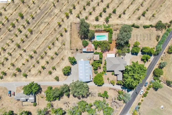 Aerial property view featuring an established orchard, a main residence with a gray shingle roof, a rectangular swimming pool, and multiple outbuildings
