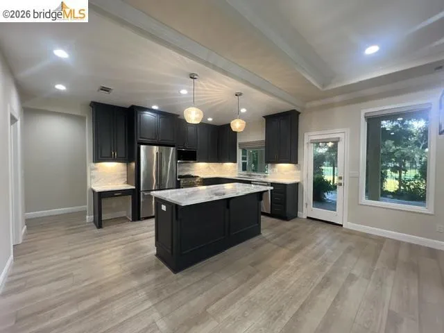 Contemporary kitchen featuring dark cabinetry, white marble-look countertops and backsplash, stainless steel appliances, and wood-finish flooring