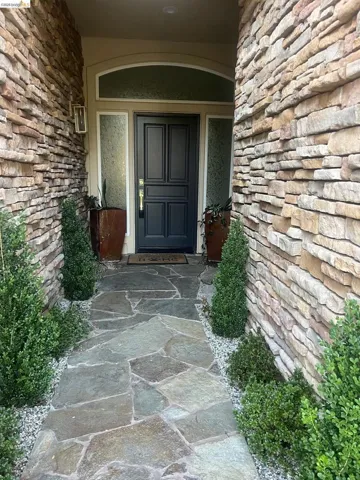 Stacked stone facade with a dark paneled front door, flanked by textured glass sidelights and an arched transom window