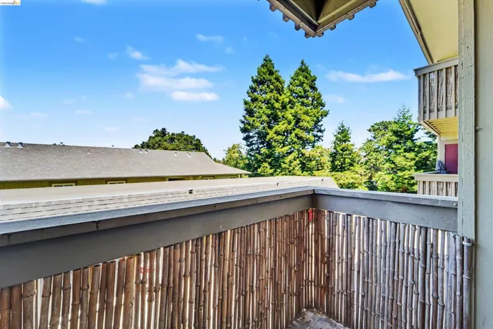 Private balcony featuring a bamboo screen railing and surrounding mature trees