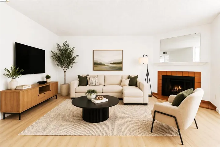 Living area featuring light wood-finish flooring, a corner fireplace with terracotta-style tile surround and white mantel, and bright white walls