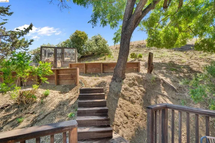 Tiered outdoor space featuring wood steps, a wood railing, and a greenhouse structure