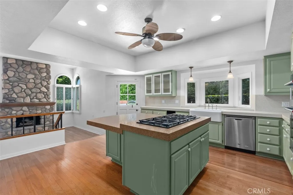 Large kitchen opening up to a cozy family room.