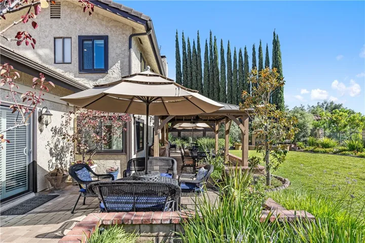 One of several patio seating areas