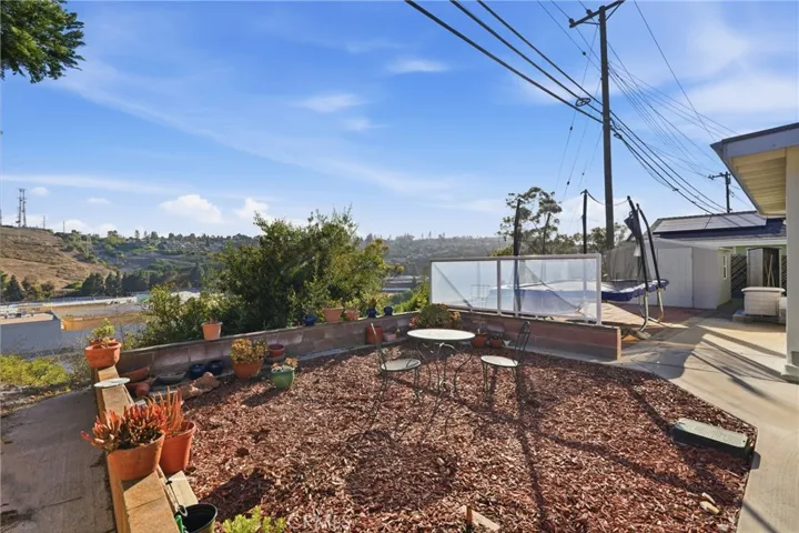 Drought tolerant backyard, big enough for a trampoline.