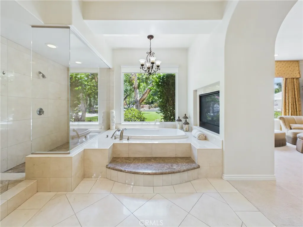 Primary bathroom, dual sided fireplace and walk-in shower.