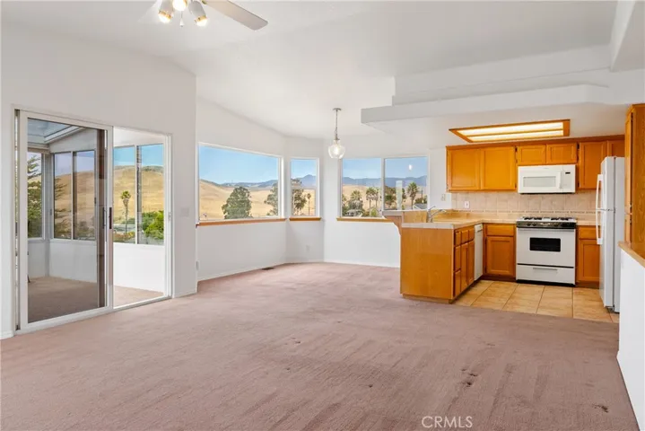 Fabulous views from the upstairs of the surrounding golden hillls and peaks.  Open kitchen allows for lots of light and counter space
