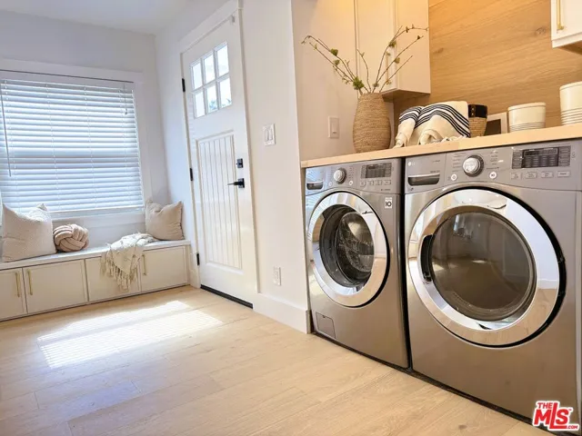 Laundry, back door, bench.