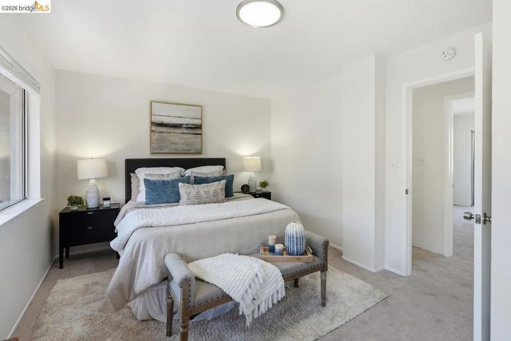 Bright bedroom featuring a large window, plush carpeting, and a flush-mount ceiling light