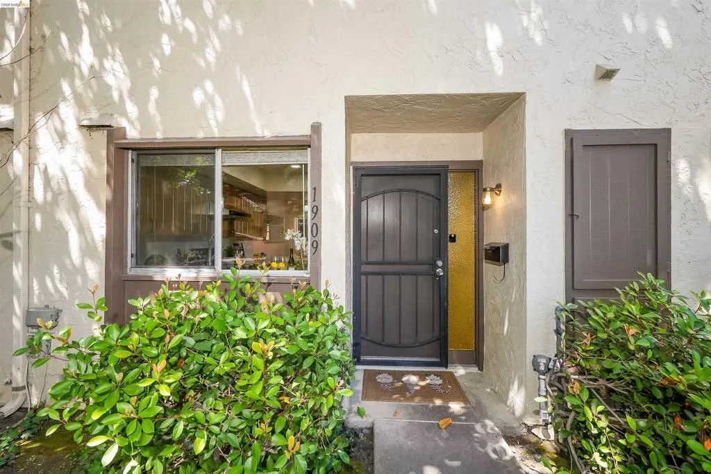 Stucco exterior featuring a dark-toned security screen door, an adjacent frosted sidelight, and an exterior wall light fixture