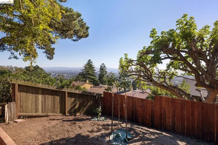 Expansive terraced yard space featuring a wood fence perimeter and mature trees