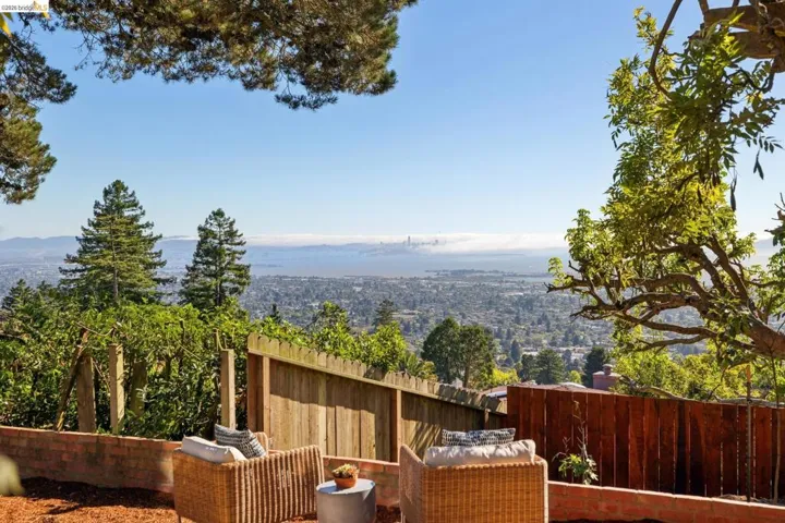 Terraced outdoor living space with expansive cityscape and bay scenery