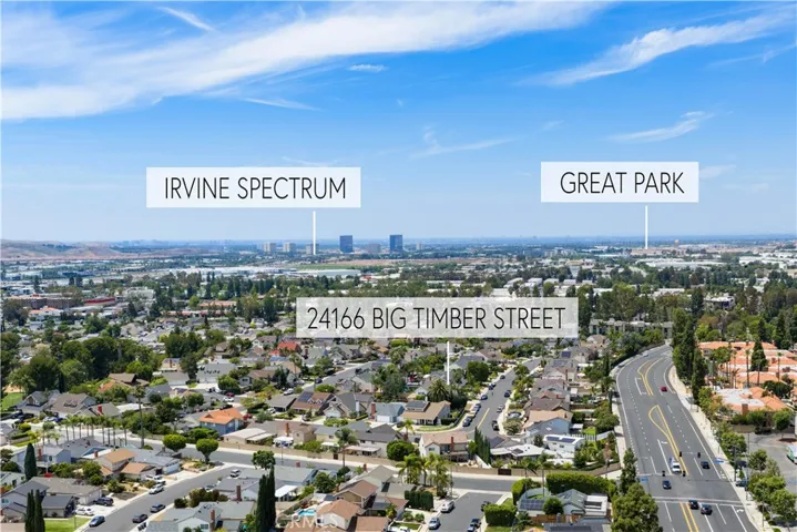 Drone view of house with pins to Irvine's Great Park and Spectrum Center