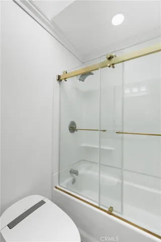 Family bathroom with tankless toilet, frameless shower doors and skylight.