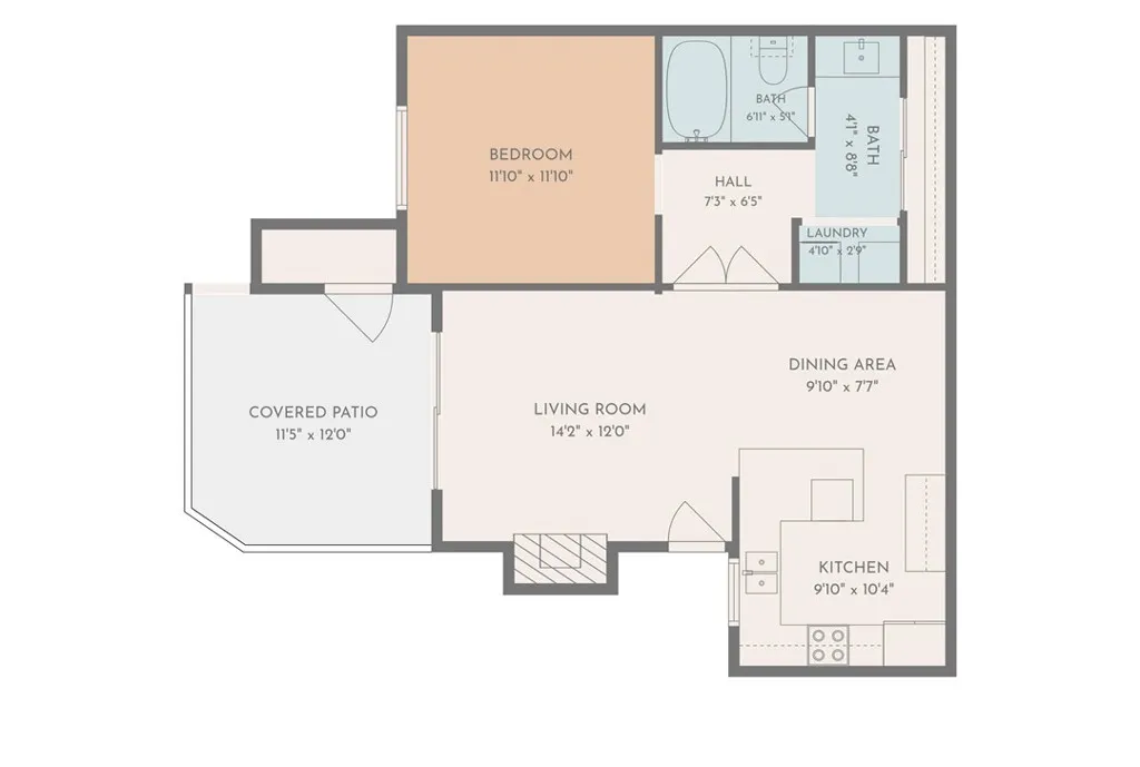 Floor Plan: Thoughtfully designed single-level floor plan featuring an open-concept layout, spacious bedroom, indoor laundry, and a private covered patio.