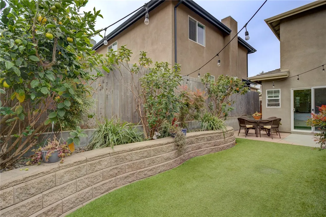 Backyard with artificial grass and raised planters Backyard with artificial grass and raised planters