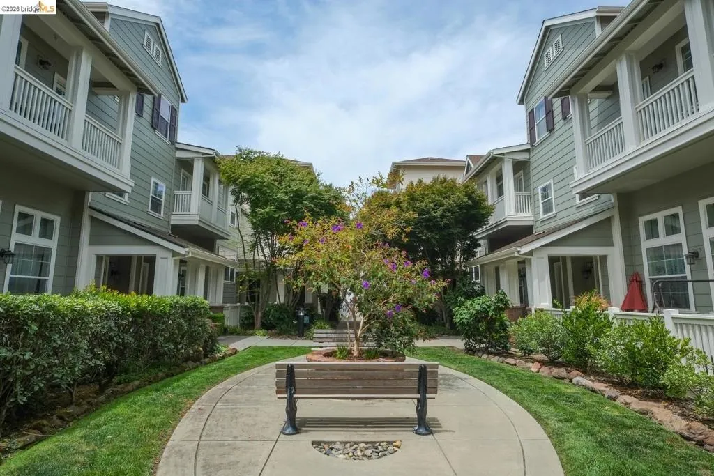 Central courtyard featuring a concrete pathway, a wooden bench, mature landscaping, and a flowering tree