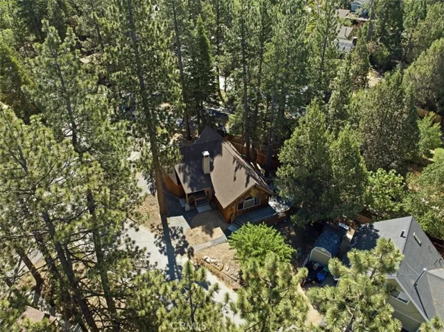 High aerial view of the property tucked among the surrounding pine trees.