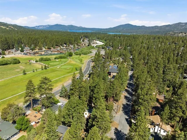Aerial view of the area with green space, trees, homes, and mountain scenery.