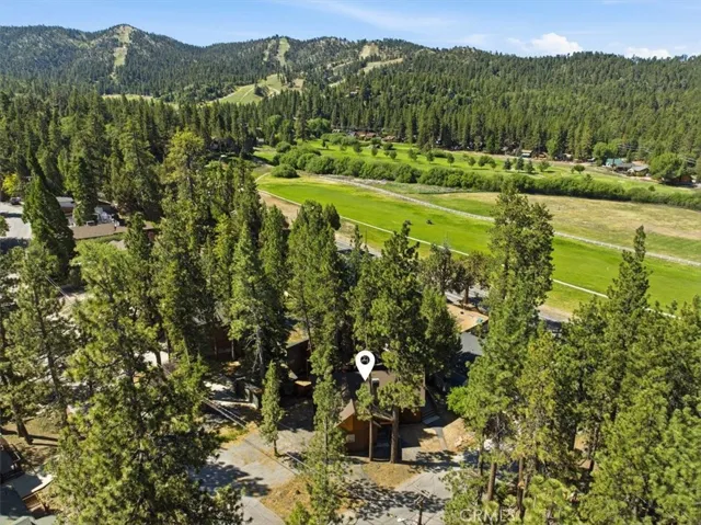 Wide aerial view of the cabin area with nearby ski slope