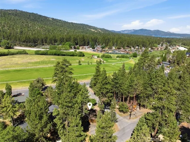 Elevated view showing the surrounding forest, nearby homes, and distant lake.