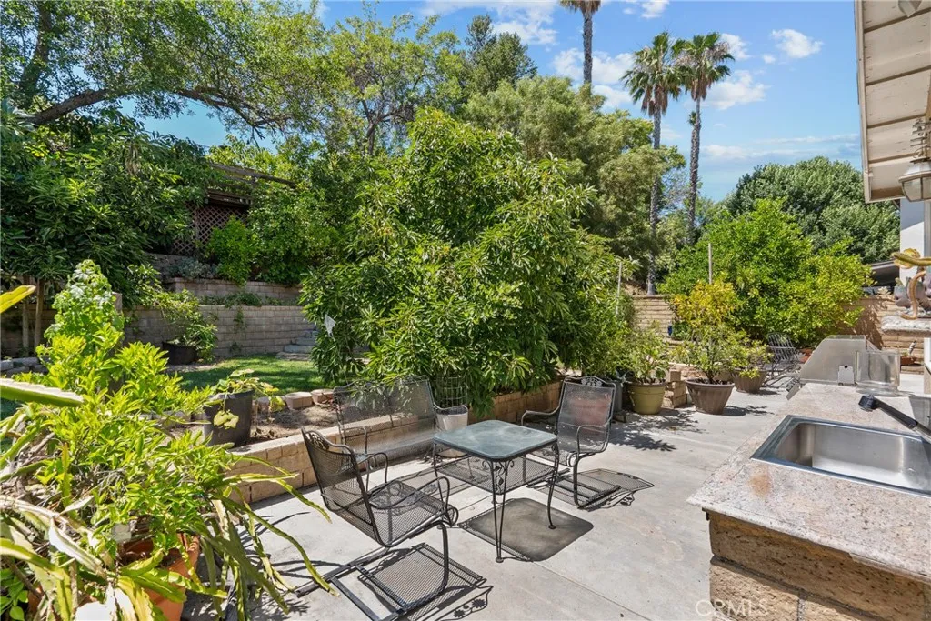 Outdoor sink and lush backyard.