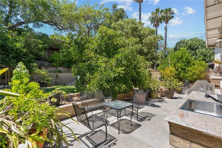 Outdoor sink and lush backyard.