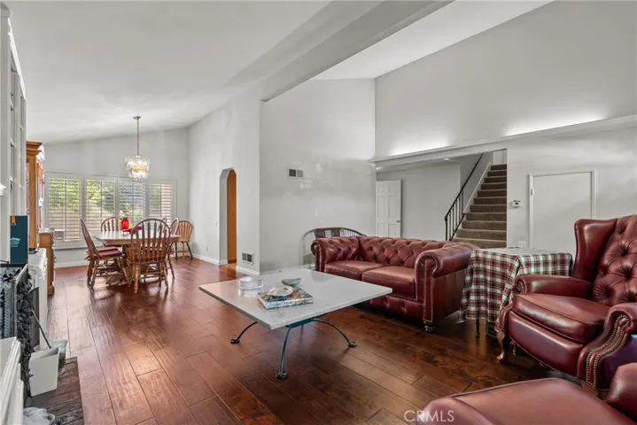 Living room open to dining room.