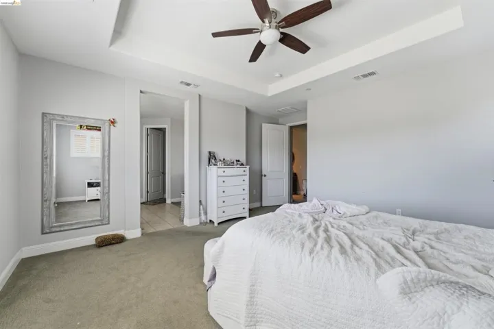 Bedroom featuring a raised ceiling, a ceiling fan, and carpet flooring