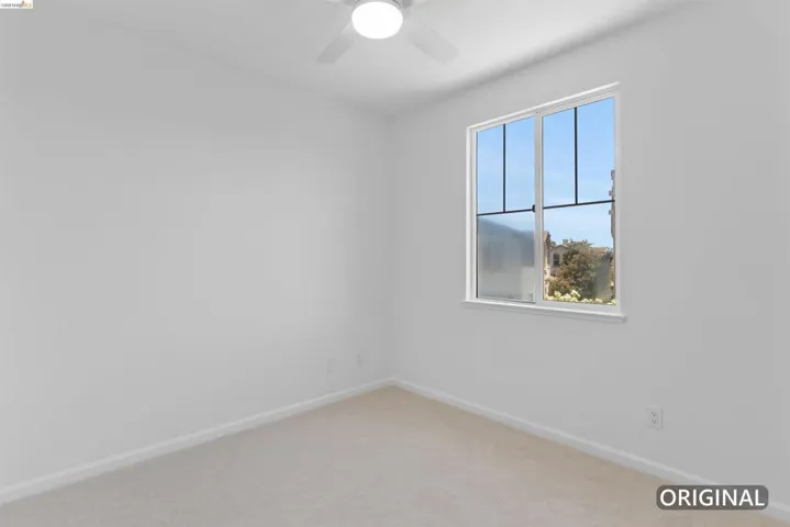 Carpeted interior space featuring white walls and a white trim window