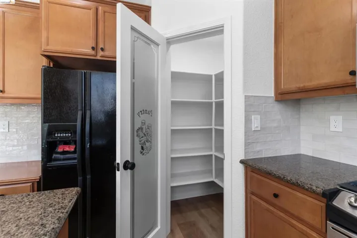 Frosted glass pantry door opening to a spacious pantry with ample shelving