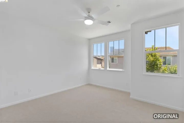 Bright interior space featuring carpet flooring and multiple windows with white trim