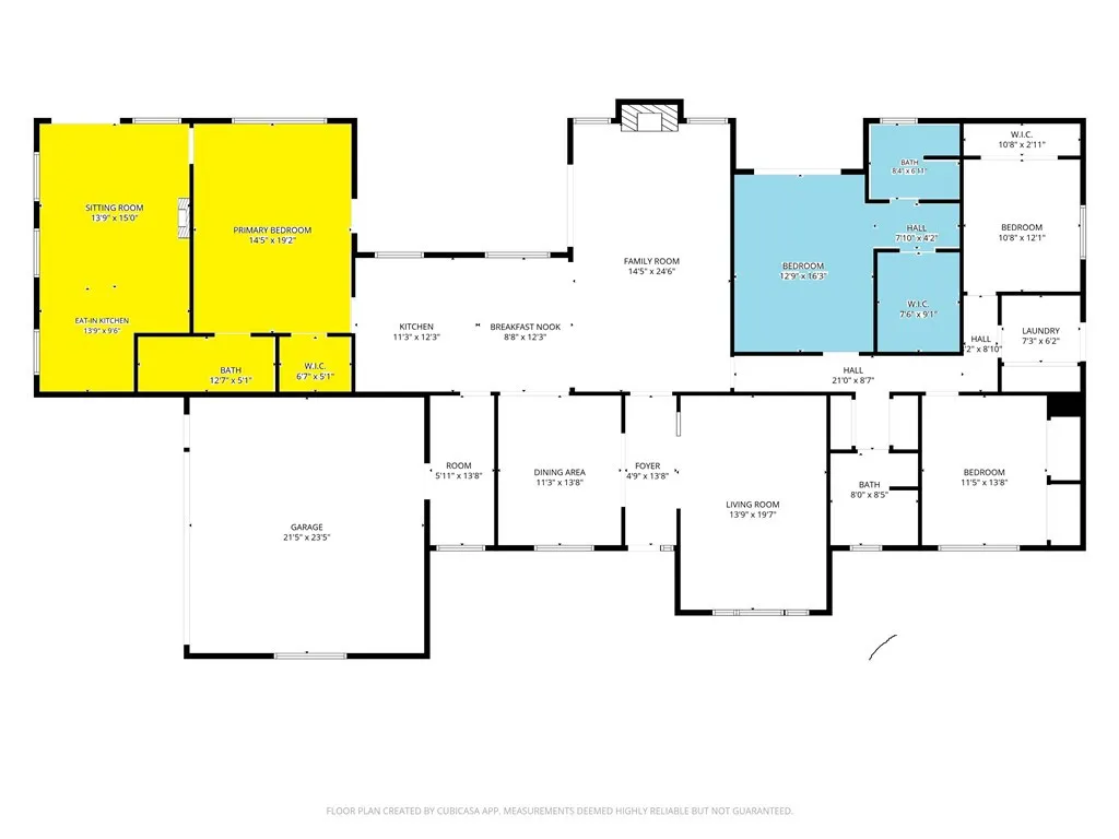 Floor plan, yellow ADU blue primary bedroom and bath