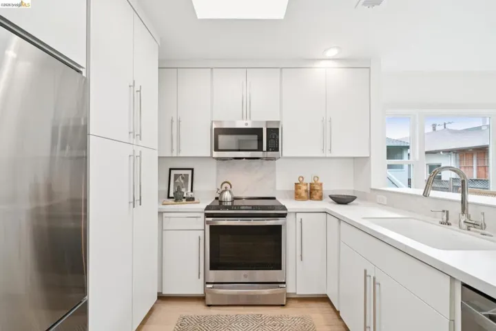 Modern kitchen featuring white flat-panel cabinetry, stainless steel appliances, light countertops, a white undermount sink, and wood-finish flooring