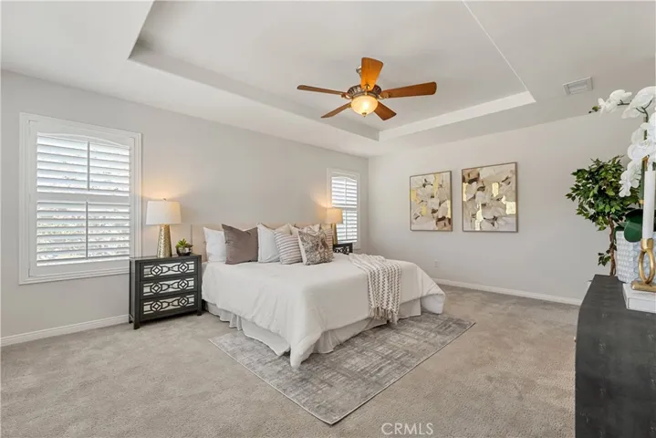 Spacious Primary Suite with split-tilt plantation shutters to allow full privacy or full natural light or privacy on the bottom half and natural light from the top. Simonton DaylightMax energy-efficient double-pane windows