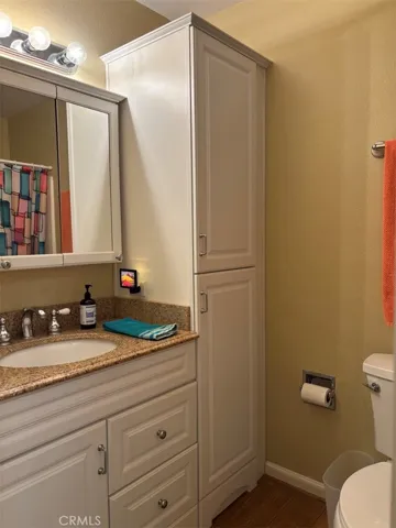 Hall bath with vanity and cabinets for lots of storage.