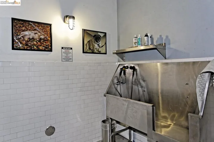 Misc room with pet washing area, tile walls, and a wainscoted wall