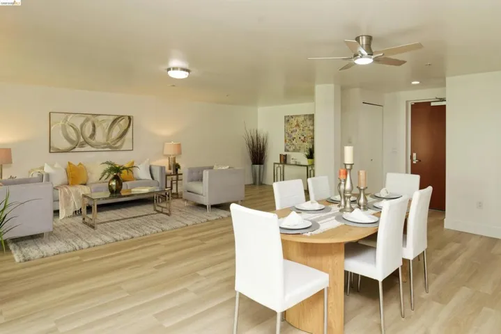 Dining room featuring light wood finished floors and ceiling fan