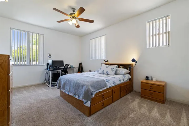 Carpeted room featuring white walls, multiple windows with vertical blinds, and a ceiling fan with light fixture