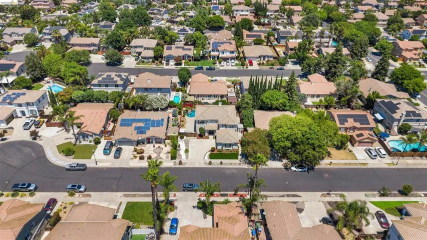 Aerial perspective showcasing a residential neighborhood with diverse housing styles