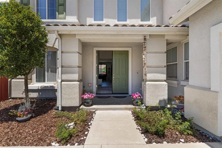 Inviting front entry featuring a sage green door, concrete pathway, decorative planters, and a stucco exterior